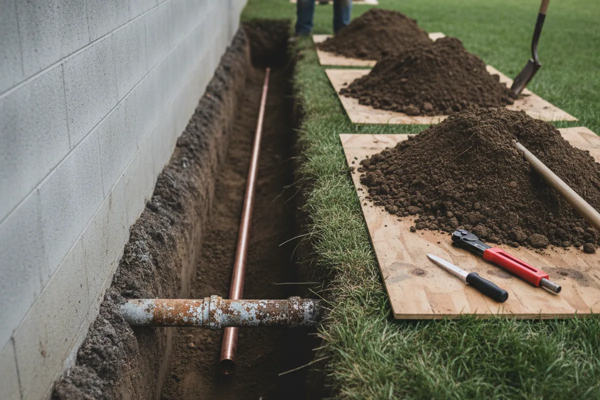 Excavated water line trench during Water Heater Repair in Liberty Center